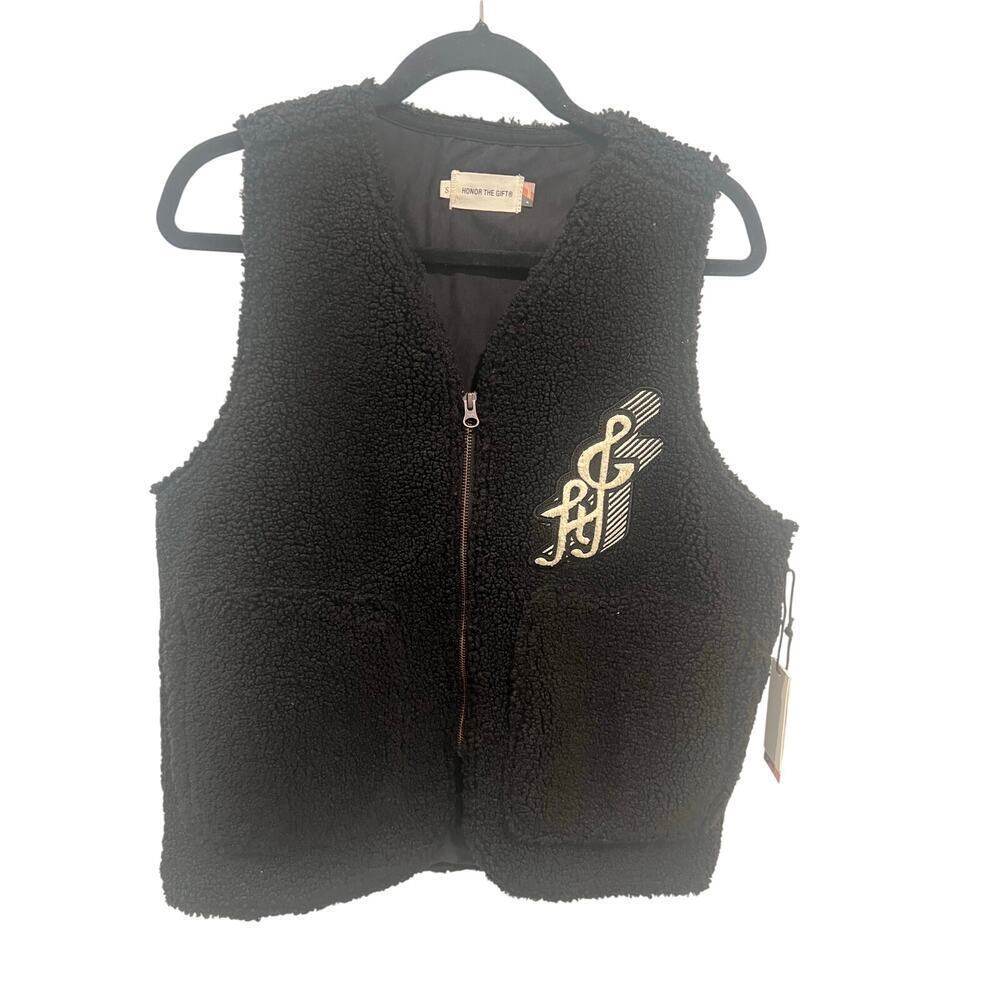 Honor The Gift Vest Mens S Black Teddy Notes Sherpa Fleece Zip Patch - Picture 3 of 3